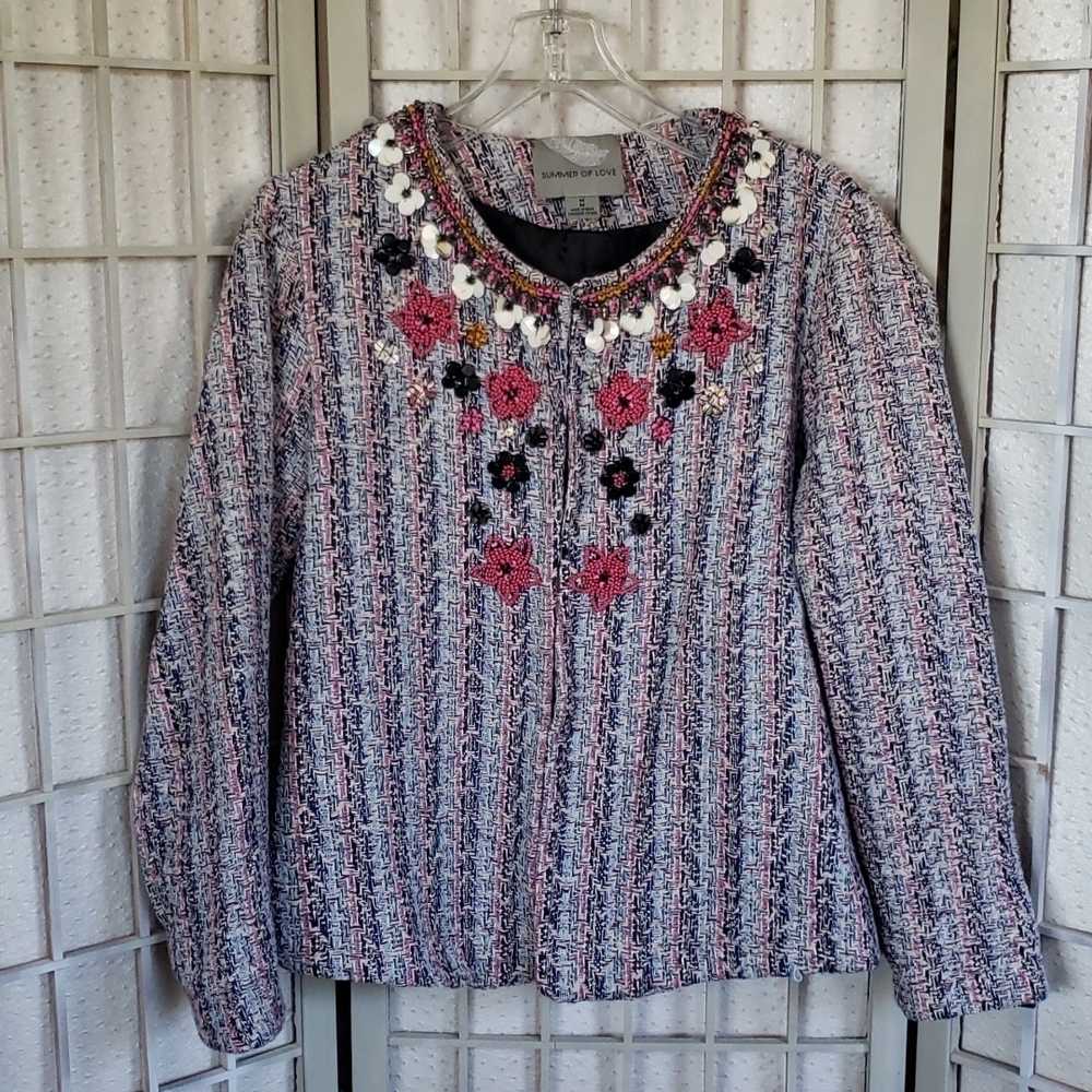 Summer of Love embroidered beaded  tweed textured jacket M